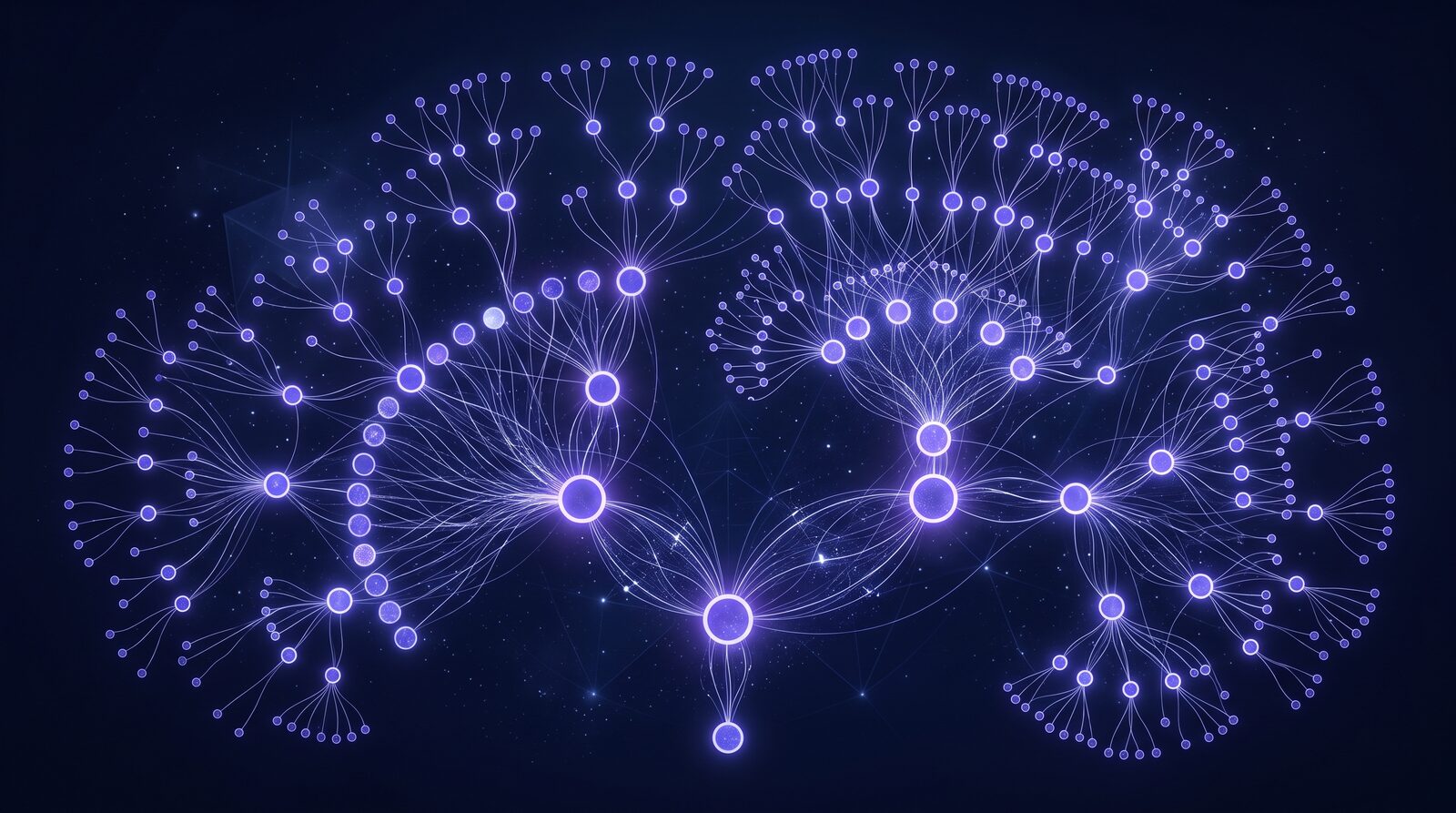 Digital representation of complex neural networks with glowing blue and purple nodes